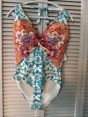Johnny Was XL Ladies One-Piece Swimsuit in Teal & Orange Floral Patchwork